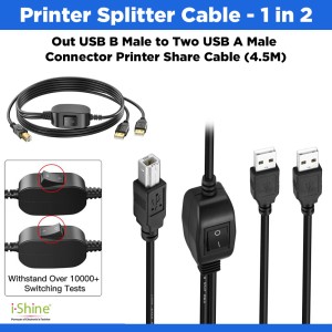 Printer Splitter Cable - 1 in 2 Out USB B Male to Two USB A Male Connector Printer Share Cable (4.5M)