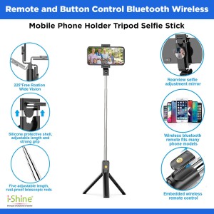 Remote and Button Control Bluetooth Wireless And Mobile Phone Holder Tripod Selfie Stick