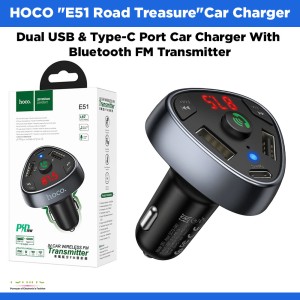 HOCO "E51 Road Treasure" Dual USB &amp; Type-C Port Car Charger With Bluetooth FM Transmitter