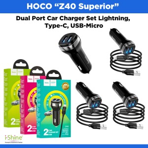 HOCO “Z40 Superior” Dual Port Car Charger Set Lightning, Type-C, USB-Micro