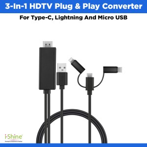 3-In-1 HDTV Plug &amp; Play Converter For Type-C, Lightning And Micro USB - Black