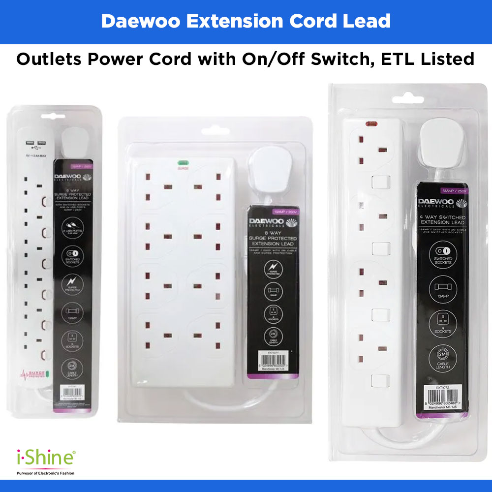 Daewoo Extension Cord Lead, Outlets Power Cord with On/Off Switch, ETL Listed
