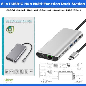 8 in 1 USB-C Hub Multi-Function Dock Station ( USB 3.0x2 + SD Card + HDMI + VGA + 3.5mm Jack + Gigabit Lan + USB-C PD Port )