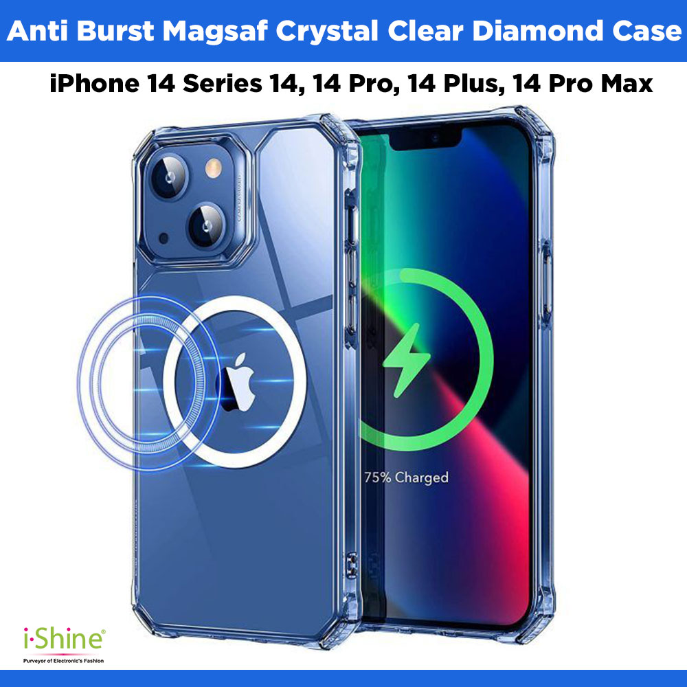Anti Burst Magsaf  Crystal Clear Diamond Case For iPhone 14 Series 14, 14 Pro, 14 Plus, 14 Pro Max