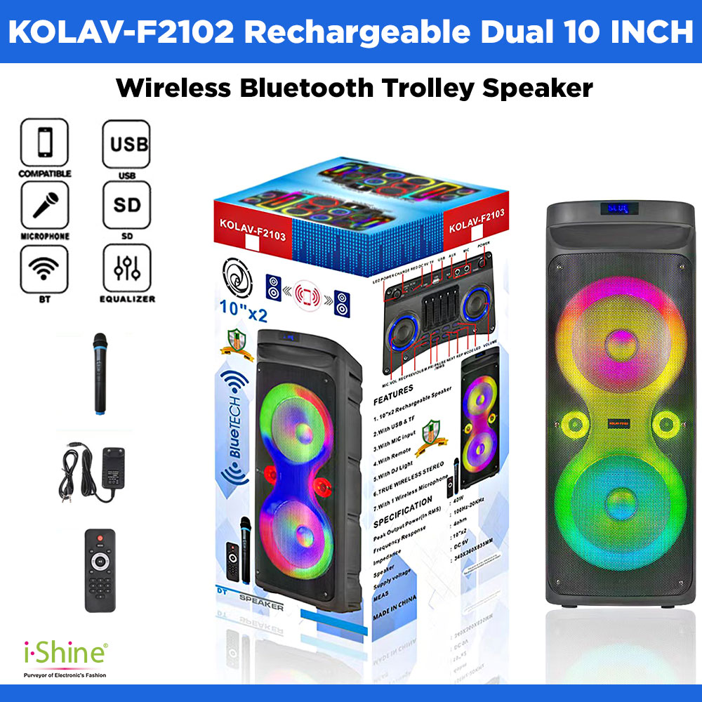 KOLAV-F2103 Rechargeable Dual 10 INCH Wireless Bluetooth Trolley Speaker - Black