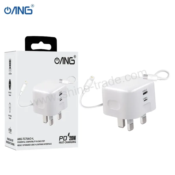 ANG TC75A - 1 USB C + 1 USB Lightning 20W Adaptor with USB C to Lightning Cable