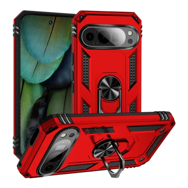 Slim Shockproof Ring Armor Stand Phone Cover Case for Google Pixel 9 Pro Red