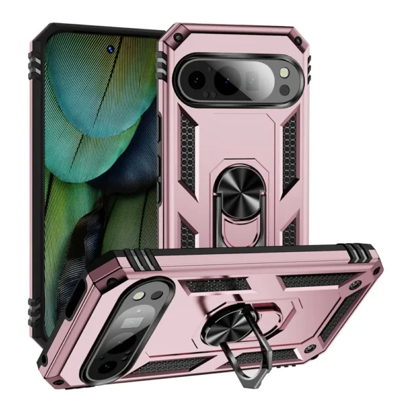 Slim Shockproof Ring Armor Stand Phone Cover Case for Google Pixel 9 Pro Rose Gold