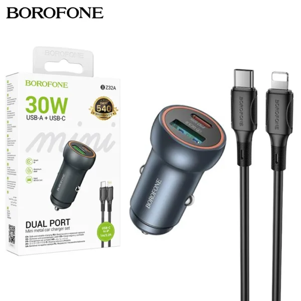 BOROFONE BZ32 PD30W Car Charger Set With USB C To Lightning Cable