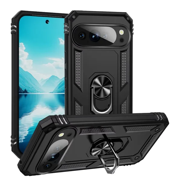 2C Slim Shockproof Ring Armor Stand Phone Cover Case for Google Pixel 10 Pro XL Black