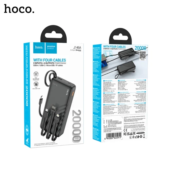 HOCO J146A Night Tide Power Bank with 4 cables  USB A + USB C + Micro USB + Lightning (20000mAh) - Image 1