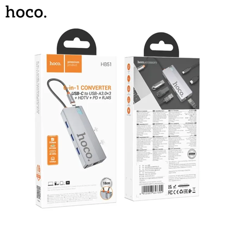 20A HOCO HB51 Wow 6 in 1 Multi Function Converter USB C to HDTV PD RJ45 3x USB A 3.0 Boltify Limited T/A iShine Trade