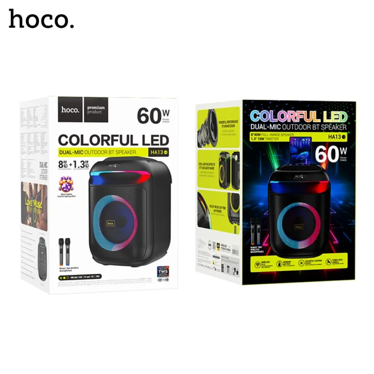 24A HOCO HA13 Ramon Outdoor BT Speaker With Two Wireless Microphones Colorful LED Boltify Limited T/A iShine Trade
