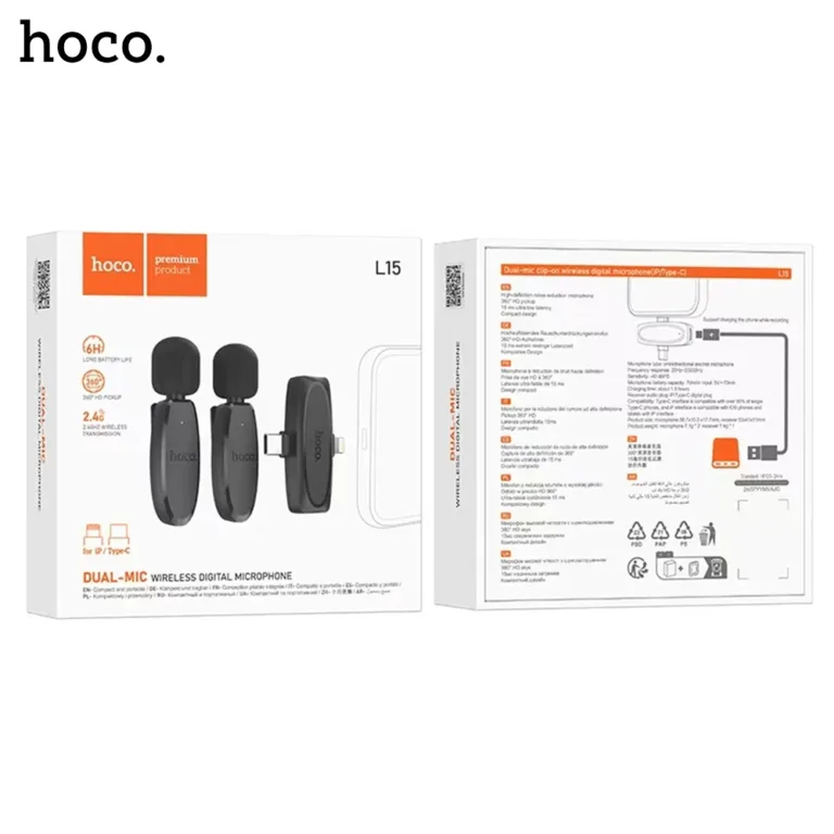 3A HOCO L15 Dual Mic Clip on Wireless Digital Microphone for iPhone Type C Boltify Limited T/A iShine Trade