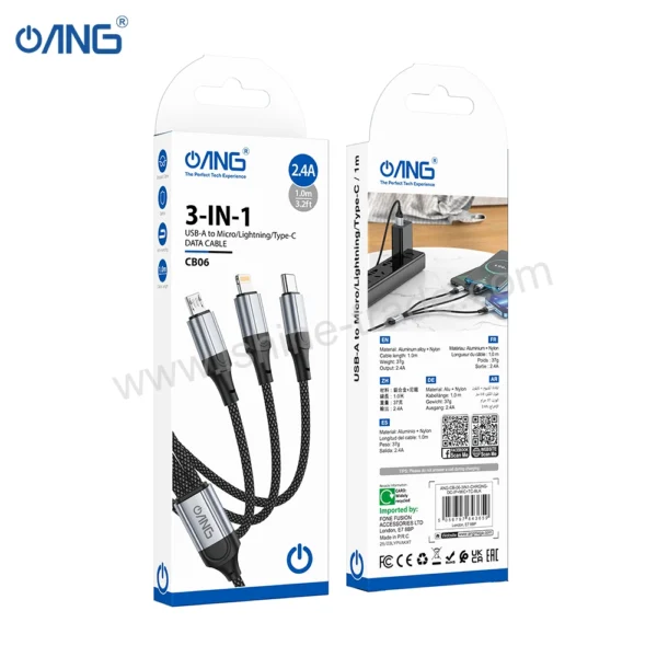 ANG CB06 3 in 1 Charging Data Cable - Lightning + Micro + Type C - Black - Image 1