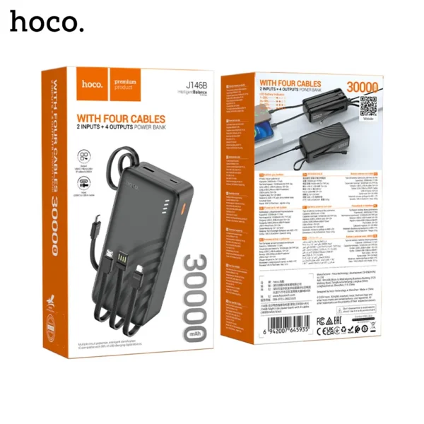 HOCO J146B Night Tide Power Bank With 4 Cables USB A/ USB C/ Micro/ iP Cables 30000mAh - Image 1