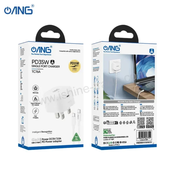 22C ANG TC76A ADAPTOR SINGLE USB C PORT 35W WITH C TO C CABLE PREMIUM PACKING Barcode 5056797647701