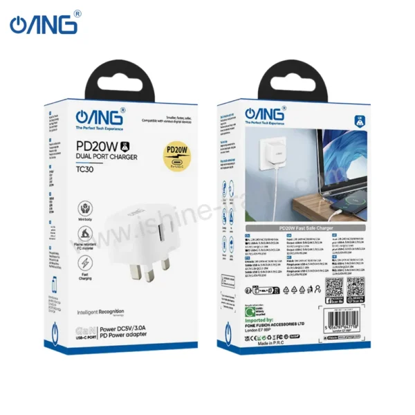 31C ANG ADAPTOR TC30 Single USB PORT QC3.0 + USB C PORT 20W PREMIUM PACKING Barcode 5056797647718