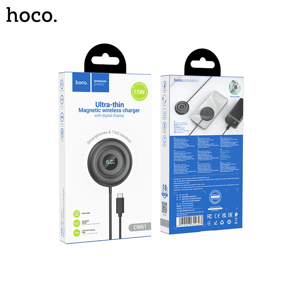 15A Hoco CW61 Phantom magnetic wireless fast charger with digital display HOCO CW61 Phantom Magnetic Wireless Fast Charger with Digital Display
