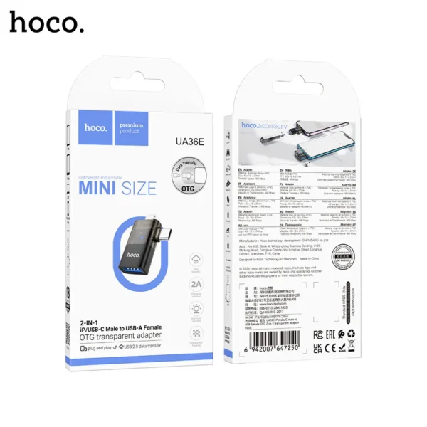 HOCO UA36E Lightning & USB-C Male to USB A Female OTG 2 in 1 Transparent Adapter - Image 5