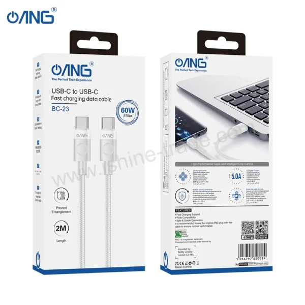 ANG BC23 – Type-C To Type-C Braided Data Cable 2 Meter 60W – White 2